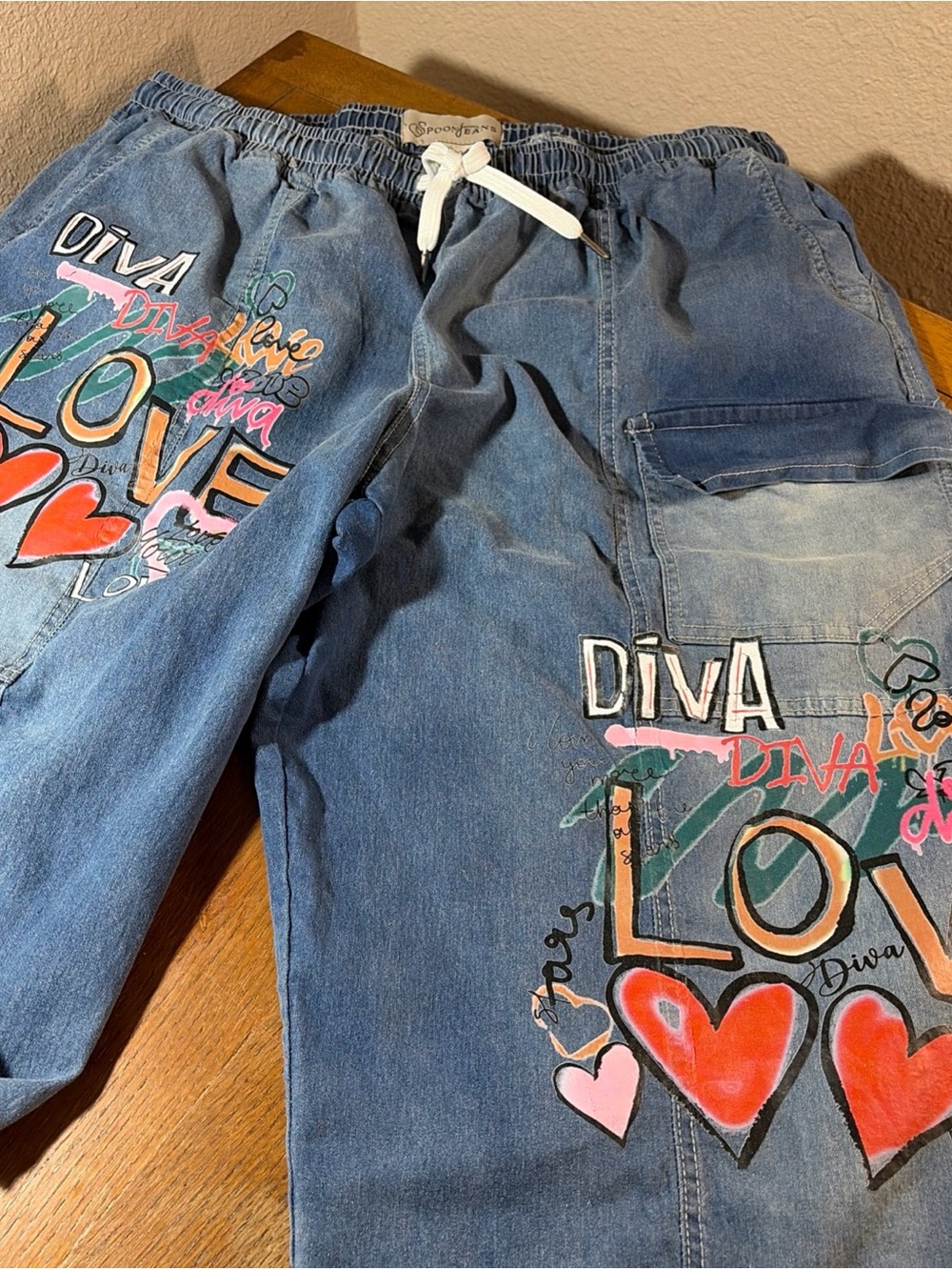 Spoon 3X Jeans Wide Leg Cotton Blend Y2K Diva Love Graphic Streetwear Pants